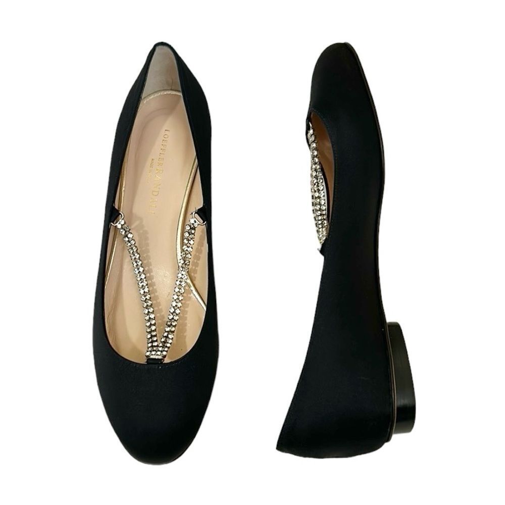 Loeffler Randall Black Satin Rhinestone Crystal Double Strap Ballet Flats sz 8.5